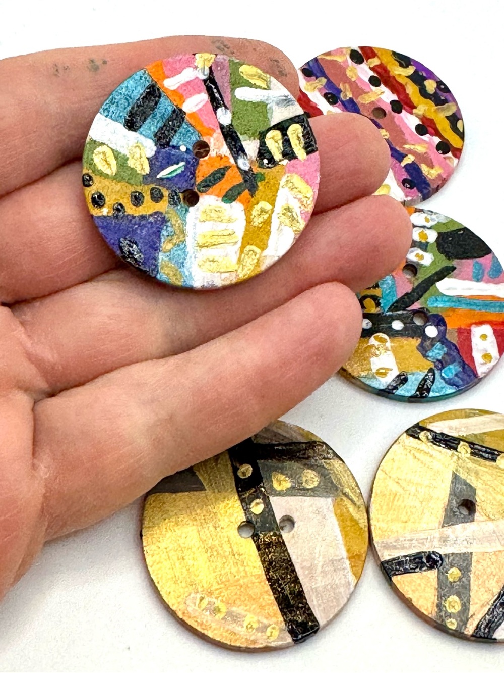Hand-Painted Multicolor Wooden Wearable Accent Button - Artistic Pattern